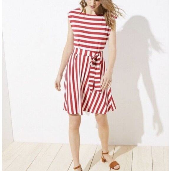 Loft Sleeveless Dress Red White Striped Wide Neck Fit & Flare Waist Tie Size 2 - Picture 1 of 11
